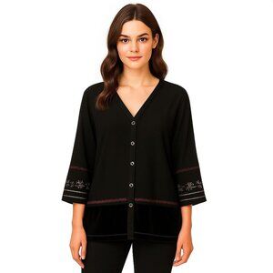 Democracy Black Button Front 3/4 Sleeve Mixed Media Embroidered Top Womens L NWT